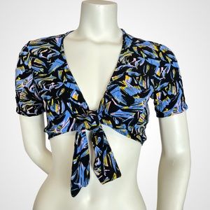 Sybilla Tie-Front Crop Top Summer Black Painterly Abstract Short Sleeves Viscose